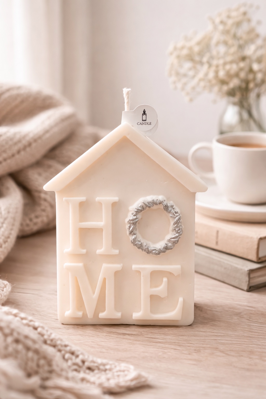Ароматна свещ с форма на къщичка и надпис HOME — уютна атмосфера у дома